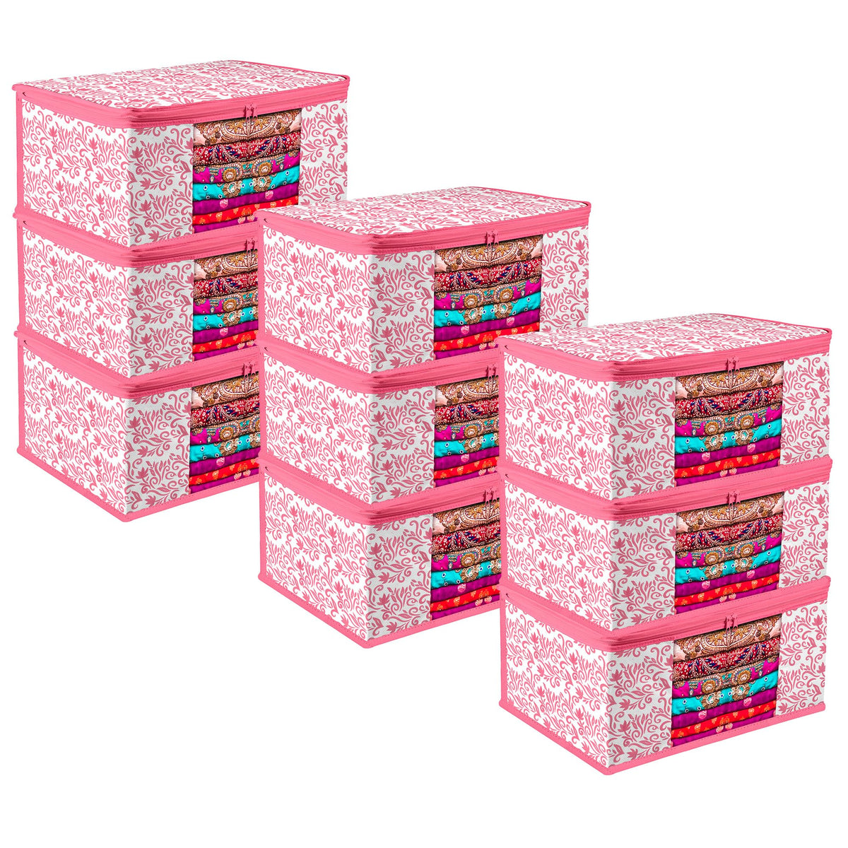 Heart Home Saree Cover | Zip Closure Saree Cover | Clothes Storage Bag | Wardrobe Organiser | Transparent Window Saree Cover | Leaf-Design | 9 inch | Pack of 9 | Pink