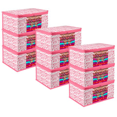 Heart Home Saree Cover | Zip Closure Saree Cover | Clothes Storage Bag | Wardrobe Organiser | Transparent Window Saree Cover | Leaf-Design | 9 inch | Pack of 9 | Pink