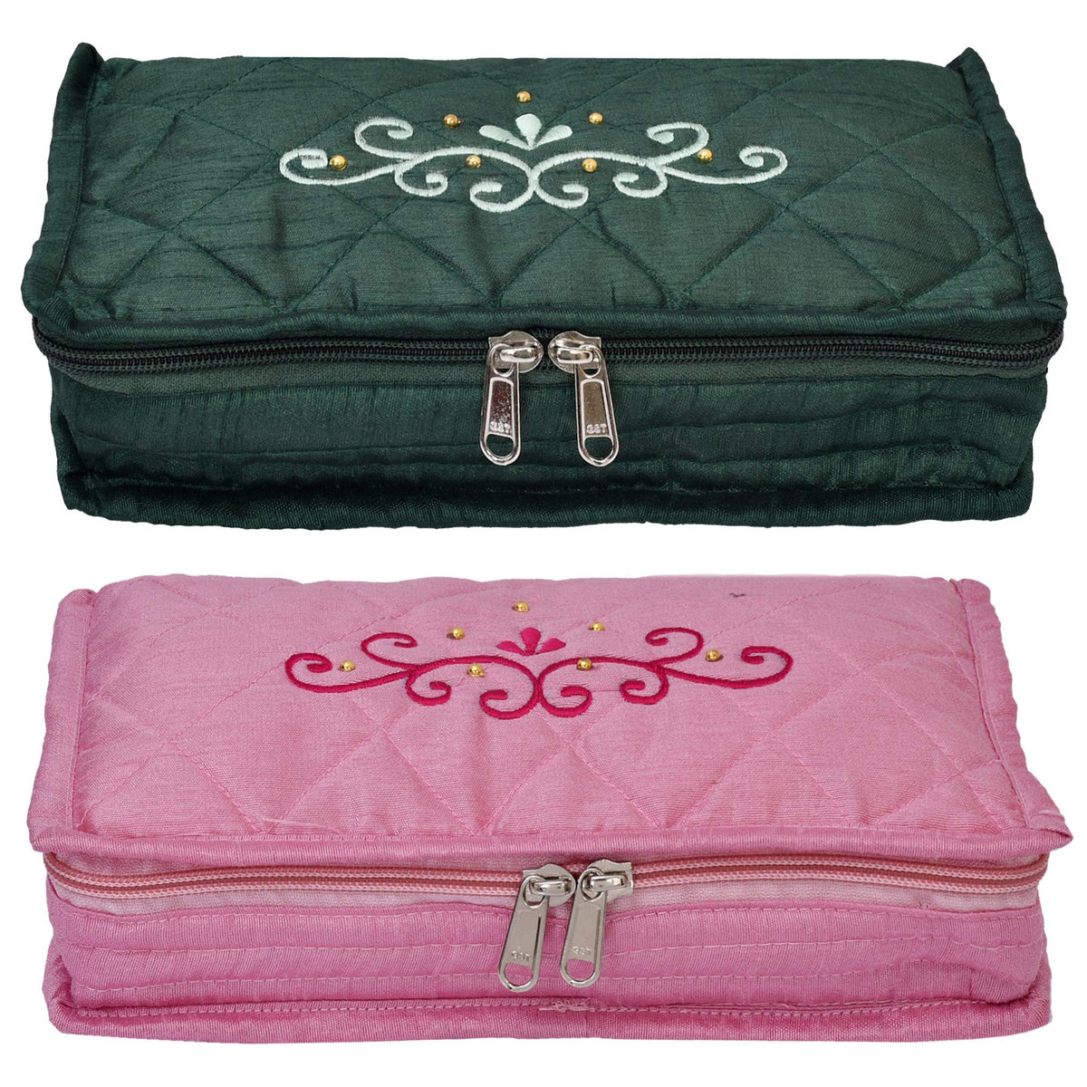Kuber Industries Embroidery Design Satin Jewellery Pouch Cum Makeup Kit, Pack of 2 (Green & Pink)