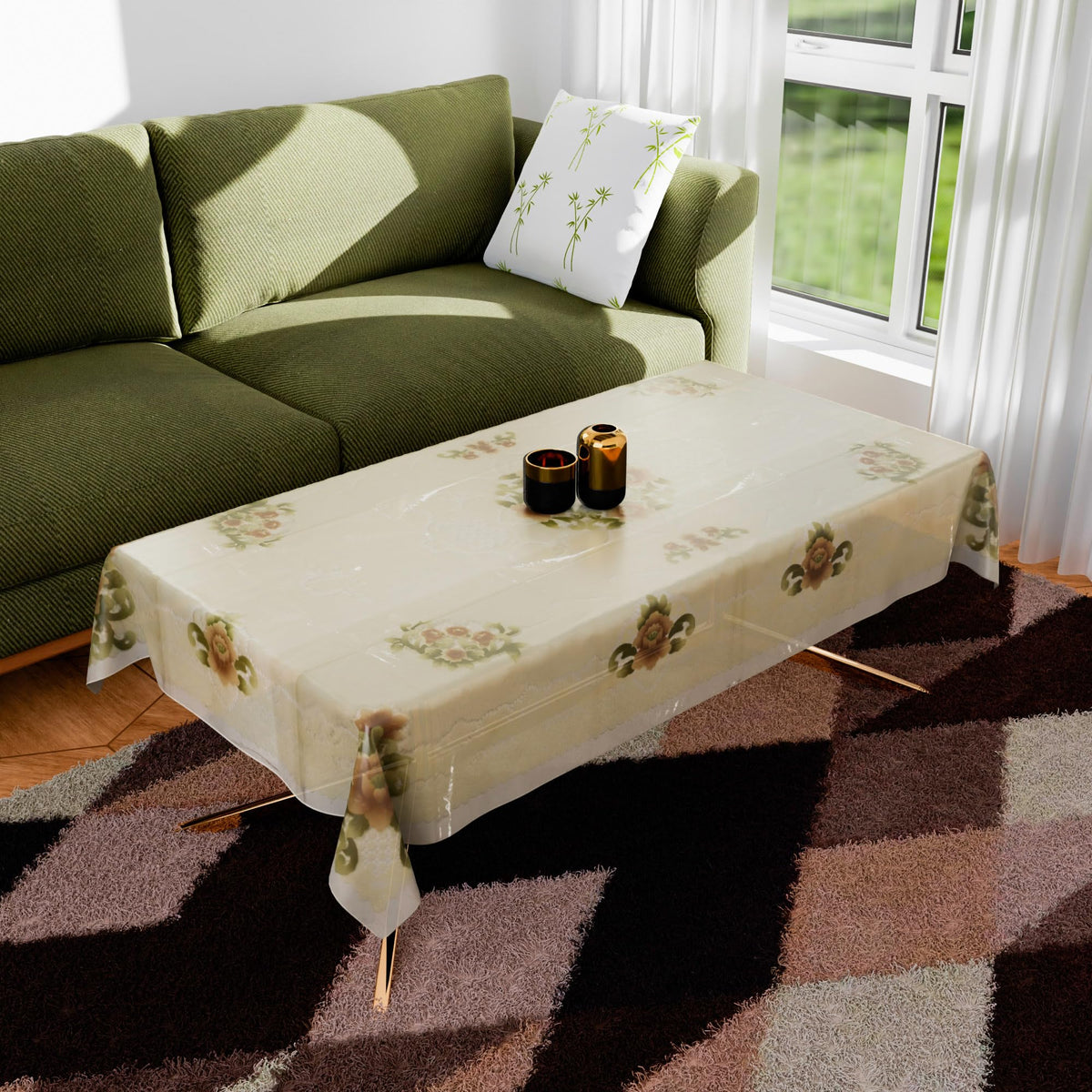 Kuber Industries Center Table Cover | PVC Table Cloth Cover | 4 Seater Table Cloth | Flower Almond Table Cover | Table Protector | Table Cover for Center Table | 40x60 Inch | Cream