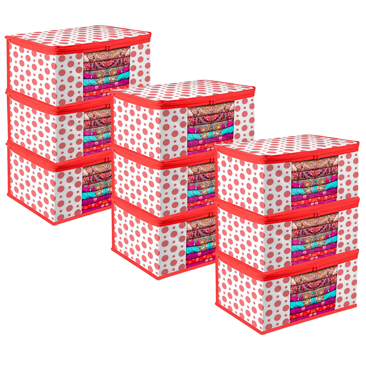Heart Home Saree Cover | Zip Closure Saree Cover | Clothes Storage Bag | Wardrobe Organiser | Transparent Window Saree Cover | Dot-Design | 9 inch | Pack of 9 | Red