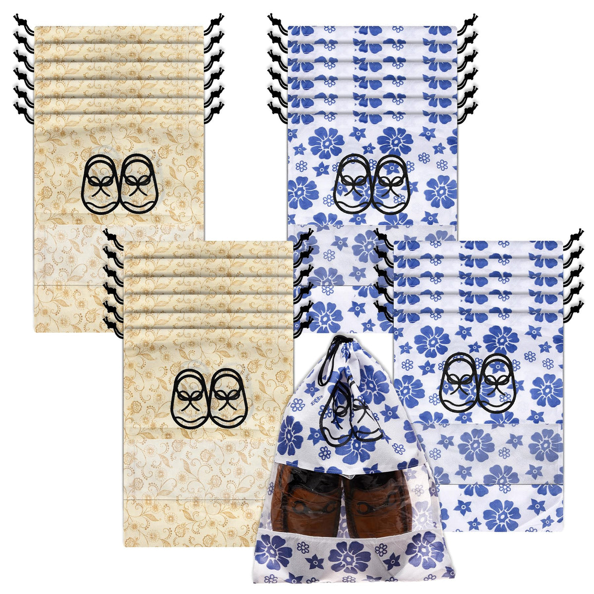 Heart Home Shoe Cover | Travel Shoe Storage Bags | Non-Woven Storage Bag | Shoe Cover with Drawstring | Shoe Organizer with Clear window | Pack of 24 | Multi