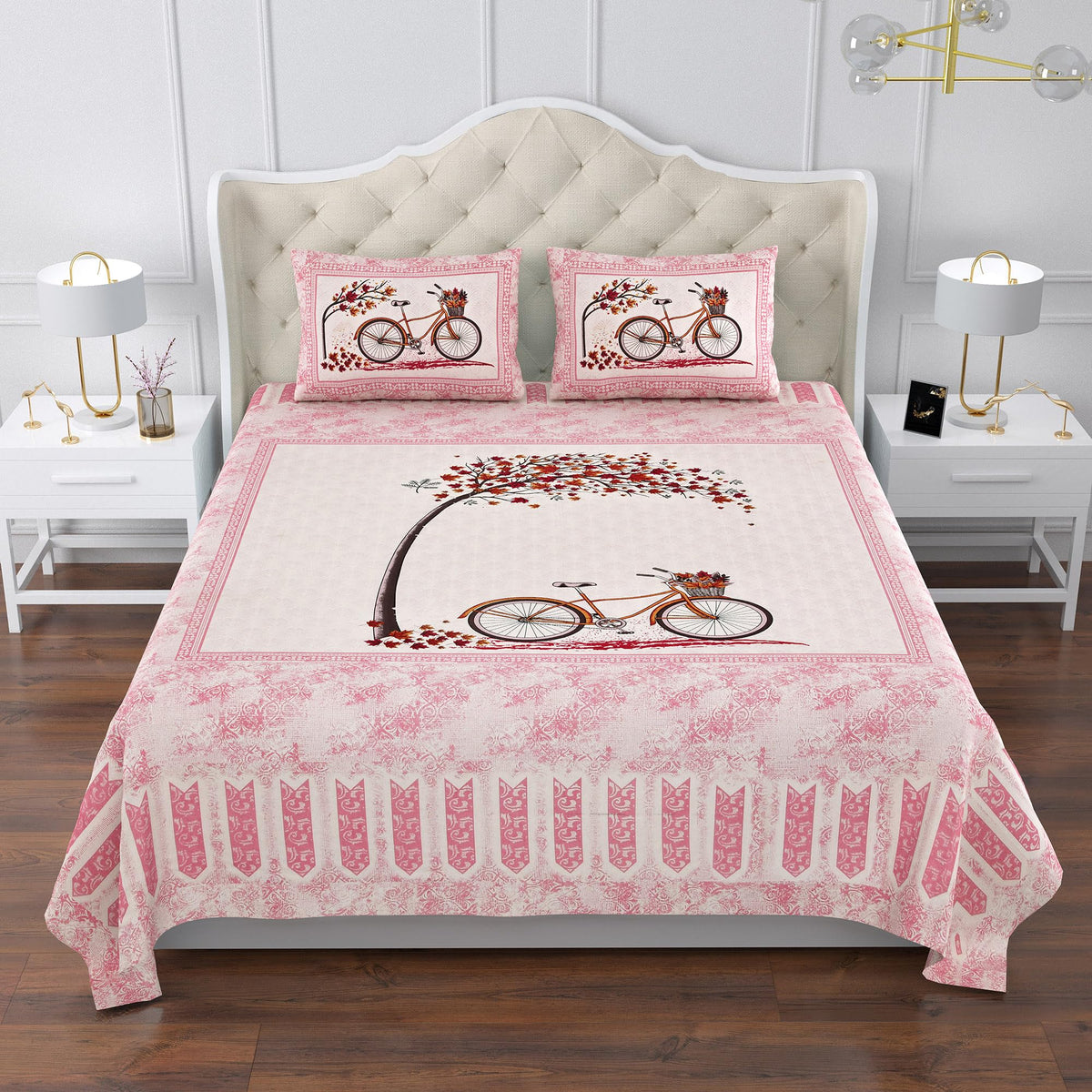 Heart Home Double Bedsheet with 2 Pillow Covers | 160 TC Premium Cotton Bedsheet for Double Bed | Bedsheet for Living Room-Home & Hotels | Photo Frame Cycle | 100x108 Inch | Pink