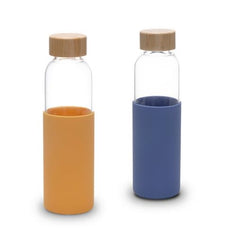 Heart Home Water Bottle | Glass Bottle | Sleeve Protection Bottle | Bamboo Lid Water Bottle | Travel Round Bottle | 550 ML | Set of 2 | Yellow-Blue