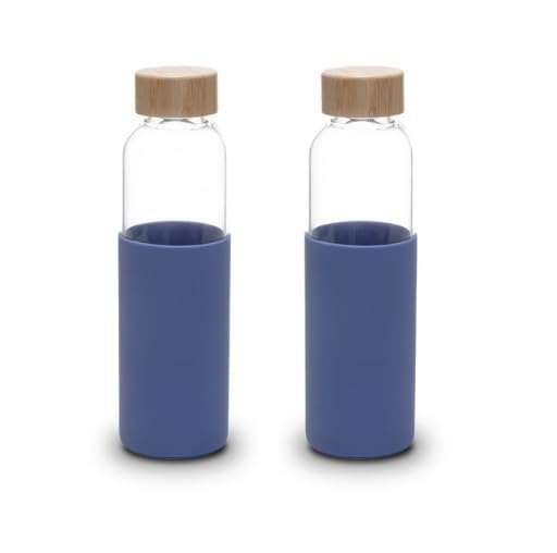 Kuber Industries Water Bottle|Glass Bottle|Sleeve Protection Bottle|Bamboo Lid Water Bottle|Travel Round Bottle|550 ML|Set of 2|Blue