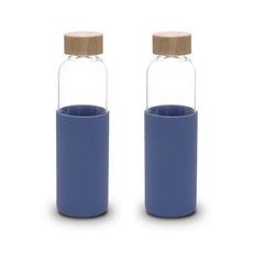 Kuber Industries Water Bottle|Glass Bottle|Sleeve Protection Bottle|Bamboo Lid Water Bottle|Travel Round Bottle|550 ML|Set of 2|Blue