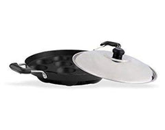 Kuber Industries Appam03 Heavy Weight Non-Stick 12 Appam Patra Side Handle with Lid, Black