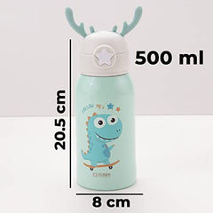 Kuber Kids Water Bottle Combo Set|Sipper Bottle for Kids|1 Piece Dino Design Stainless Steel Water Bottle|1 Piece Food Grade Plastic Bottle|420 & 500 ML|PACK Of 2 | Green & Grey