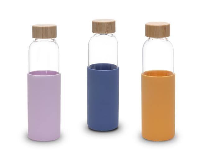 Urbane Home Water Bottle | Glass Bottle | Sleeve Protection Bottle | Bamboo Lid Water Bottle | Travel Round Bottle | 550 ML | Set of 3 | Multicolor