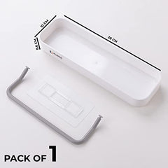 Kuber Industries Kitchen Organizer With Towel Hanger|Self-Adhesive Wall Shelf|Non-Toxic|Easy To Fit Plastic Bathroom Shelf|Multipurpose Wall Mounted Shelf For Bathroom & Kitchen|1323|White