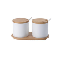 Heart Home Kitchen Storage Box | Spoon and Wooden Tray Spice Container | Round Condiment Jar for Home | Air-Tight Bamboo Lid Kitchen Set | Set of 2 | BK02WT | 250 ML | White
