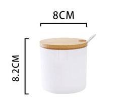 Heart Home Kitchen Storage Box | Spoon and Wooden Tray Spice Container | Round Condiment Jar for Home | Air-Tight Bamboo Lid Kitchen Set | Set of 2 | BK02WT | 250 ML | White