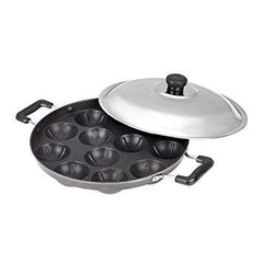 Kuber Industries Appam03 Heavy Weight Non-Stick 12 Appam Patra Side Handle with Lid, Black