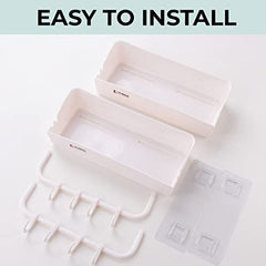 Kuber Industries Bathroom & Kitchen Organizer With Hooks For Hanging Kitchen & Bathroom Accessories|Multipurpose Rectangular Wall Shelves|Self-Adhesive|Premium Quality PP|A2912|Pack of 2|White