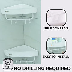 Kuber Industries Bathroom & Kitchen Organizer with Towel Hanger Hooks | Multipurpose Corner Wall Shelves | Self-Adhesive | Pack of 2 | White