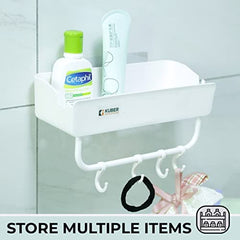 Kuber Industries Bathroom & Kitchen Organizer With Hooks For Hanging Kitchen & Bathroom Accessories|Multipurpose Rectangular Wall Shelves|Self-Adhesive|Premium Quality PP|A2912|Pack of 2|White