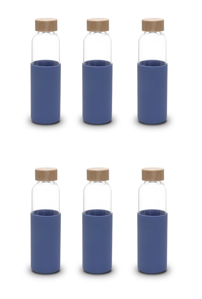 Kuber Industries Water Bottle | Glass Bottle | Sleeve Protection Bottle | Bamboo Lid Water Bottle | Travel Round Bottle | 550 ML | Set of 6 | Blue