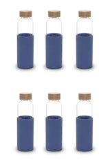 Kuber Industries Water Bottle | Glass Bottle | Sleeve Protection Bottle | Bamboo Lid Water Bottle | Travel Round Bottle | 550 ML | Set of 6 | Blue