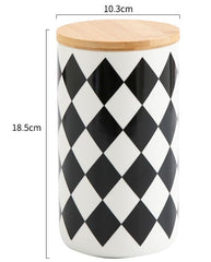 Heart Home Ceramic Jar | Food Storage Jar | Kitchen Storage Jar | Round Jar for Home | Sugar Storage Jar | Airtight Bamboo Lid | Diamond Pattern | YX11-L-DM | 1000 ML | Black-White
