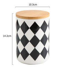 Kuber Industries Ceramic Jar | Food Storage Jar | Kitchen Storage Jar | Round Jar for Home | Sugar Storage Jar | Airtight Bamboo Lid | Diamond Pattern | YX10-M-DM | 800 ML | Black-White