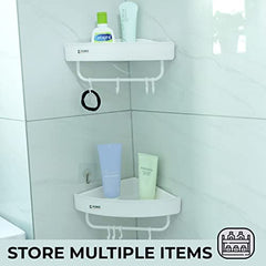 Kuber Industries Bathroom & Kitchen Organizer with Towel Hanger Hooks | Multipurpose Corner Wall Shelves | Self-Adhesive | Pack of 2 | White
