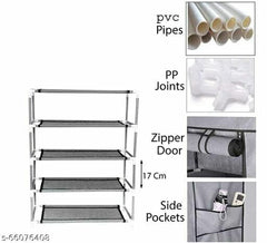 Kuber Industries Shoe Rack|Non-Woven 4 Shelves Shelf|Foldable Storage Rack Organizer for Shoe, Books-Pack of 6 (Grey)