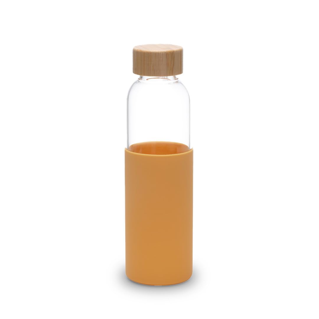 Kuber Industries Water Bottle | Glass Bottle | Sleeve Protection Bottle | Bamboo Lid Water Bottle | Travel Round Bottle | XB5501-YEL | 550 ML | Yellow