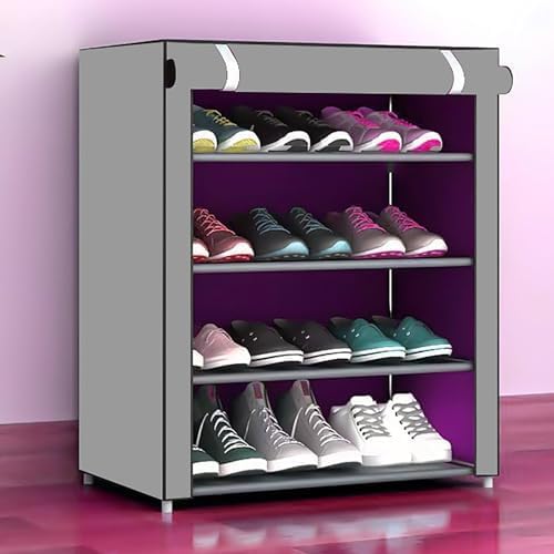 Kuber Industries Shoe Rack|Non-Woven 4 Shelves Shelf|Foldable Storage Rack Organizer for Shoe, Books-Pack of 6 (Grey)