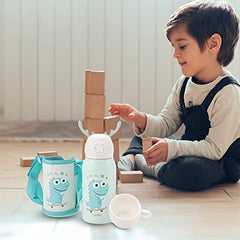 Kuber Kids Water Bottle Combo Set|Sipper Bottle for Kids|1 Piece Dino Design Stainless Steel Water Bottle|1 Piece Food Grade Plastic Bottle|420 & 500 ML|PACK Of 2 | Green & Grey