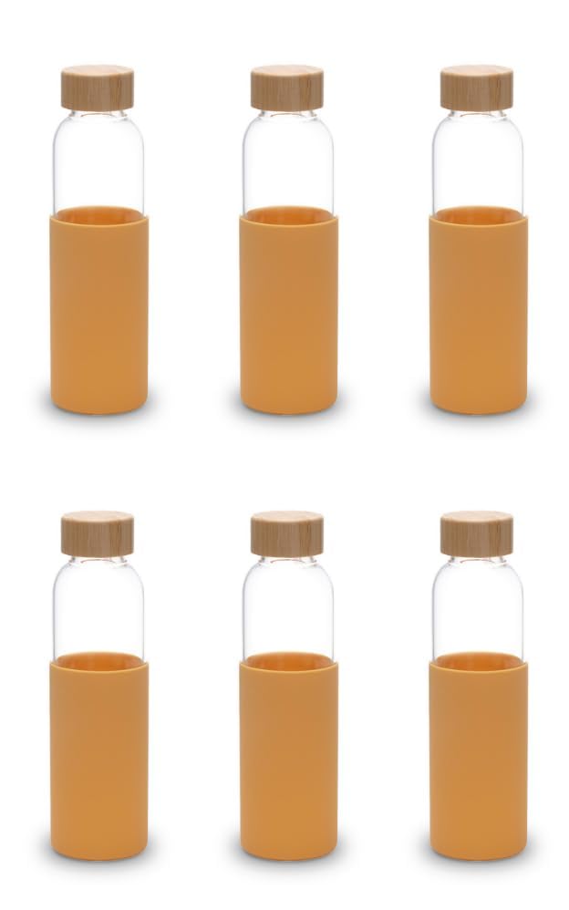 Urbane Home Water Bottle | Glass Bottle | Sleeve Protection Bottle | Bamboo Lid Water Bottle | Travel Round Bottle | XB5501-YEL | 550 ML | Set of 6 | Yellow