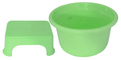 Kuber Industries 2 Pieces Plastic Bathroom Tub & Stool Set (Green)