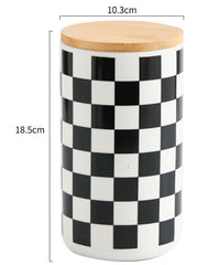 Homestic Ceramic Jar | Food Storage Jar | Kitchen Storage Jar | Round Jar for Home | Sugar Storage Jar | Airtight Bamboo Lid | Square Pattern | YX11-L-SQ | 1000 ML | Black-White