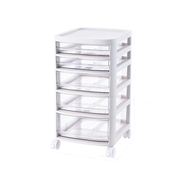 Kuber Industries 5 Layer Cosmetic Cabinet with Trolley|5-Tier Rolling Cart|Shelf Stand With Drawer|White