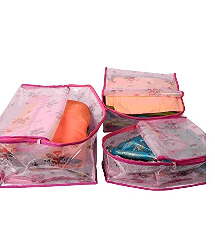 Kuber Industries 3 Piece PVC Saree Cover Blouse Cover Peticot Cover, Pink