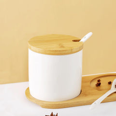 Heart Home Kitchen Storage Box | Spoon and Wooden Tray Spice Container | Round Condiment Jar for Home | Air-Tight Bamboo Lid Kitchen Set | Set of 2 | BK02WT | 250 ML | White