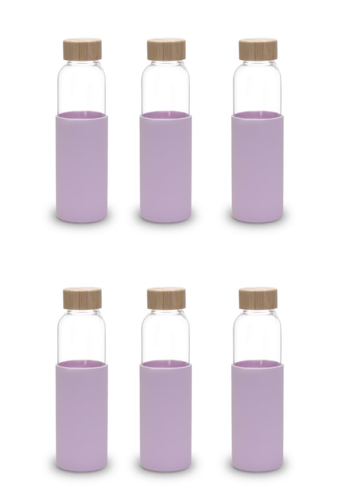 Kuber Industries Water Bottle|Glass Bottle|Sleeve Protection Bottle|Bamboo Lid Water Bottle|Travel Round Bottle|XB5501-PURP|550 ML|Set of 6|Purple