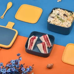 Kuber Industries Lunch Box|Unbreakable Plastic 2 Squre Containers Tiffin with Handle|Durable Lunch Box with Push Lock,1000 ML (Blue)