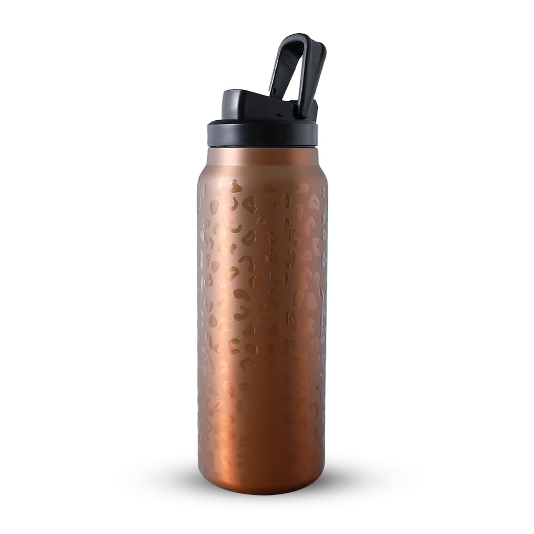 Homestic Water Bottle | Vacuum Insulated Travel Bottle | Gym Water Bottle | Hot & Cold Water Bottle | Leopard-Print Bottle with Sipper Cap | DA230805 | 900 ML | Golden