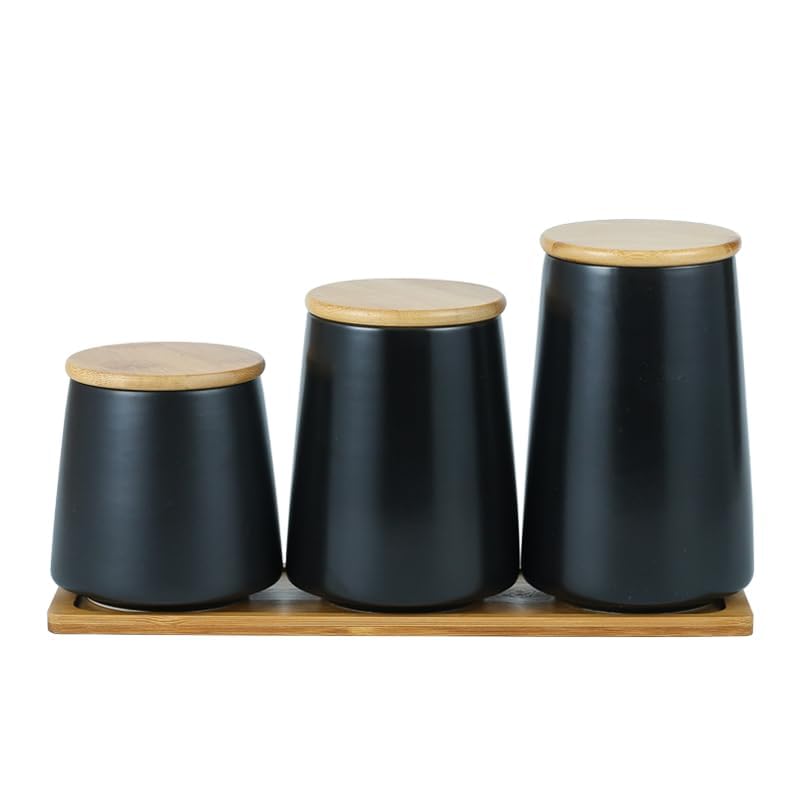 Urbane Home Ceramic Jar | Food Storage Jar | Kitchen Storage Jar | Round Jar for Home | Sugar Storage Jar | Airtight Bamboo Lid | YX04-3-BK | 3 Piece Set | 500 | 700 | 850 ML | Black