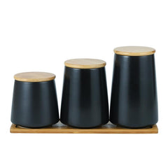 Urbane Home Ceramic Jar | Food Storage Jar | Kitchen Storage Jar | Round Jar for Home | Sugar Storage Jar | Airtight Bamboo Lid | YX04-3-BK | 3 Piece Set | 500 | 700 | 850 ML | Black