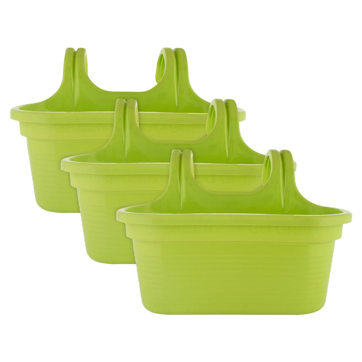 Kuber Industries Hanging Flower Pot|Double Hook Plant Container|Durable Plastic Glossy Finish Pots for Home|Balcony|Garden|12 Inch|Pack of 3 (Green)