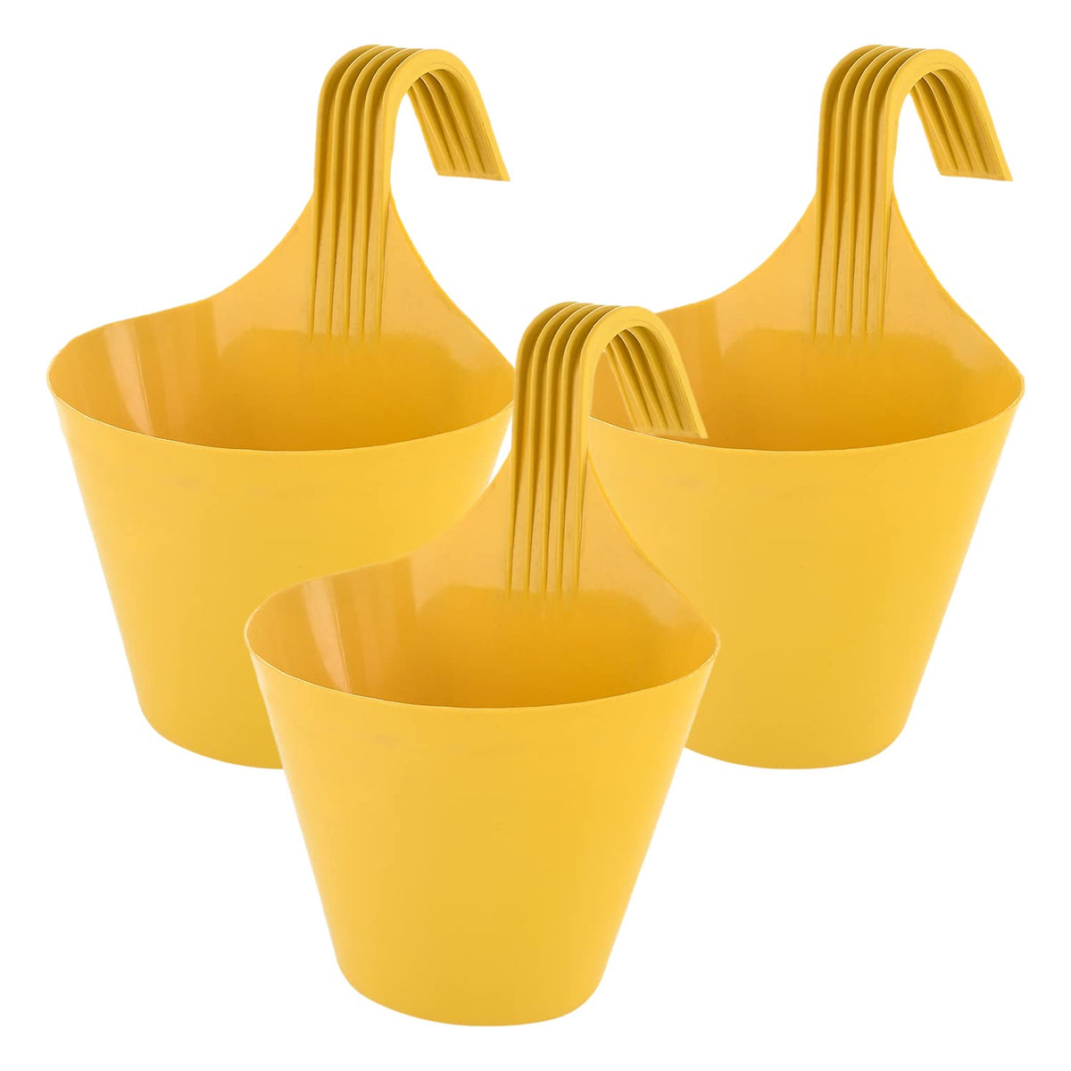 Kuber Industries Hanging Flower Pot|Single Hook Plant Container|Durable Plastic Glossy Finish Pots for Home|Balcony|Garden|9 Inch|Pack of 3 (Yellow)
