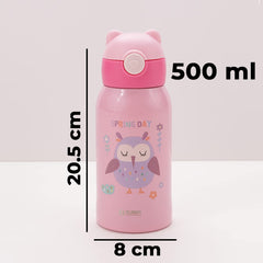 Kuber Industries Water Bottle for Kids, Owl Design Stainless Steel Flask with Straw, Cup & Fabric Cover, Sipper, Food Grade Plastic Lid, Broad Fabric Strap, Leak Proof, BPA Free, 500 ml, Pack of 1