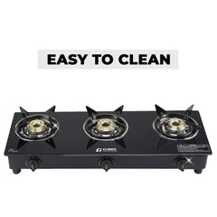 Kuber Industries Gas Stove 3 Burners | Highly Quality Glass Top, Manual Ignition & Cast Iron Burner | Easy to Clean, Wobble Free Pan Support Stand | Break Resistant | Compact & User-Friendly Design