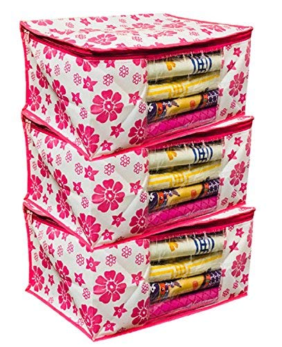 Kuber Industries 3 Piece Non Woven Saree Cover Set, Pink (SS02)