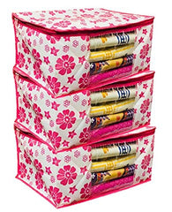 Kuber Industries 3 Piece Non Woven Saree Cover Set, Pink (SS02)