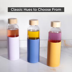 Urbane Home Water Bottle | Glass Bottle | Sleeve Protection Bottle | Bamboo Lid Water Bottle | Travel Round Bottle | XB5501-YEL | 550 ML | Set of 6 | Yellow