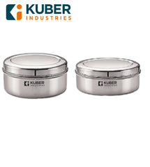 Kuber Stainless Steel Flat Kitchen Container Set | Rust Proof & Durable | Multipurpose, Easy to Clean, Sturdy & Stackable | Kitchen Storage Containers Set of 2 - Assorted
