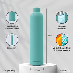 Kuber Industries Water Bottle|Vacuum Insulated Travel Bottle|Hot & Cold Water Bottle|Smooth Rubber Finish Water Bottle|1 LTR|PC-23823A|Blue