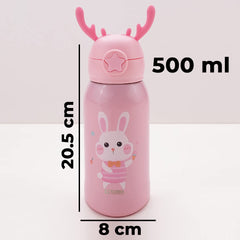 Urbane Home Water Bottle for Kids|Bunny Design Stainless Steel Flask with Straw, Cup & Fabric Cover|Sipper Bottle for Kids|Food Grade Plastic Lid|Broad Fabric Strap|Leak Proof, BPA Free|500 ml